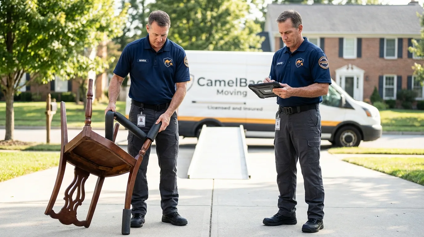Movers inspecting furniture for damage prevention before loading in La Center, KY