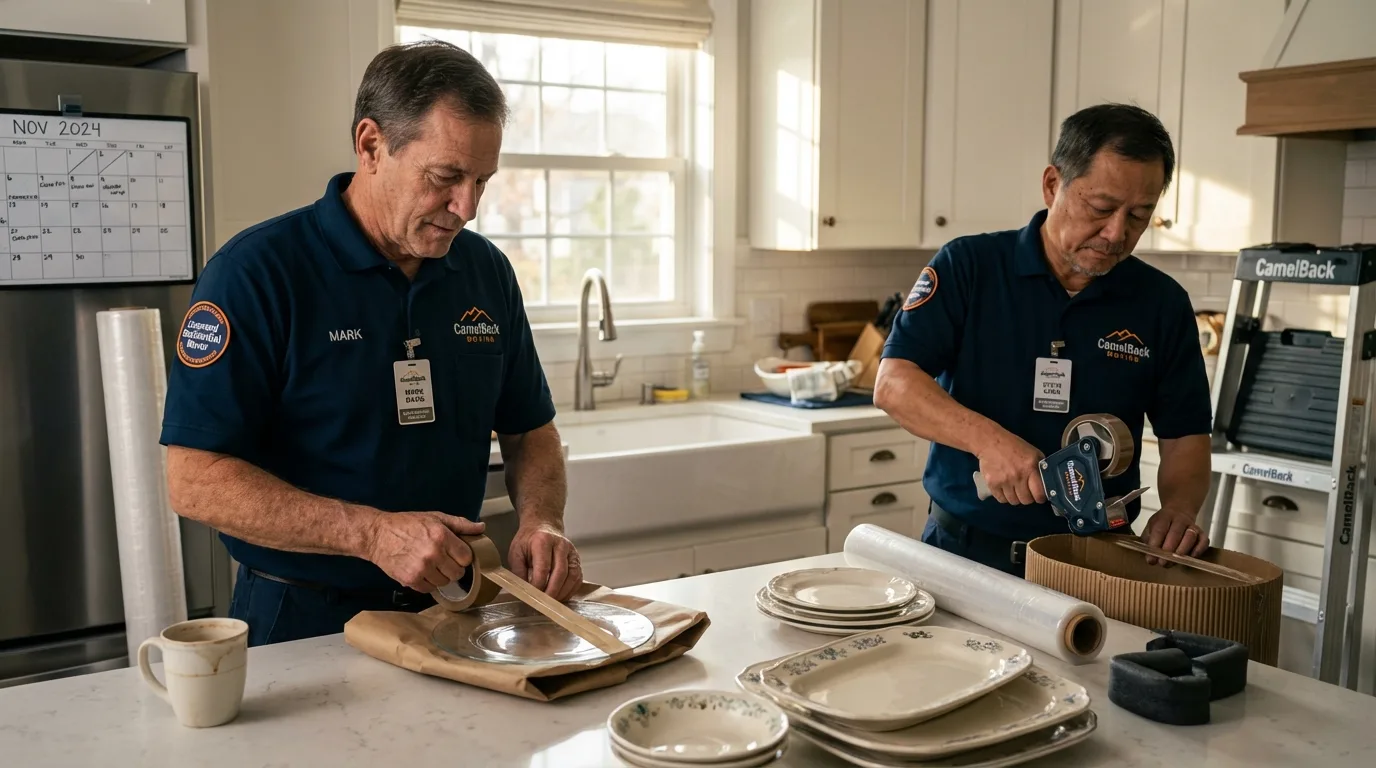 Professional crew packing kitchen dishware in La Center, KY